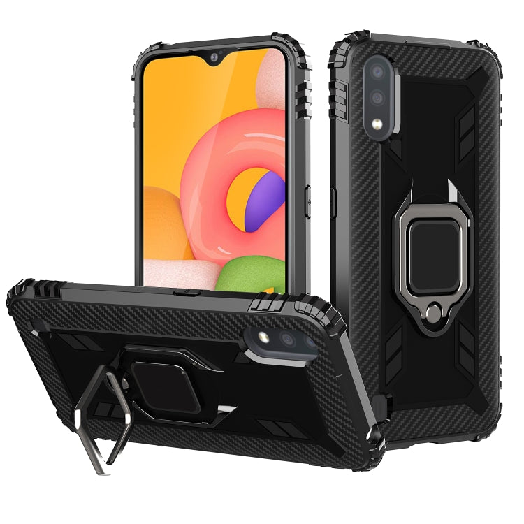 For Samsung Galaxy A01 (US Version) Carbon Fiber Protective Case with 360 Degree Rotating Ring Holder