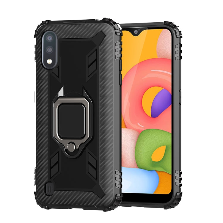 For Samsung Galaxy A01 (US Version) Carbon Fiber Protective Case with 360 Degree Rotating Ring Holder