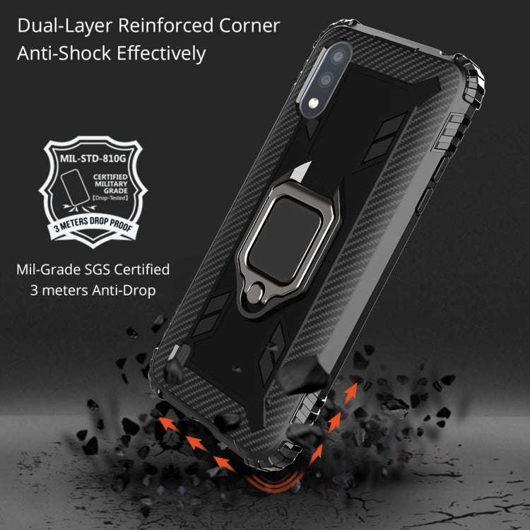 For Samsung Galaxy A01 (US Version) Carbon Fiber Protective Case with 360 Degree Rotating Ring Holder