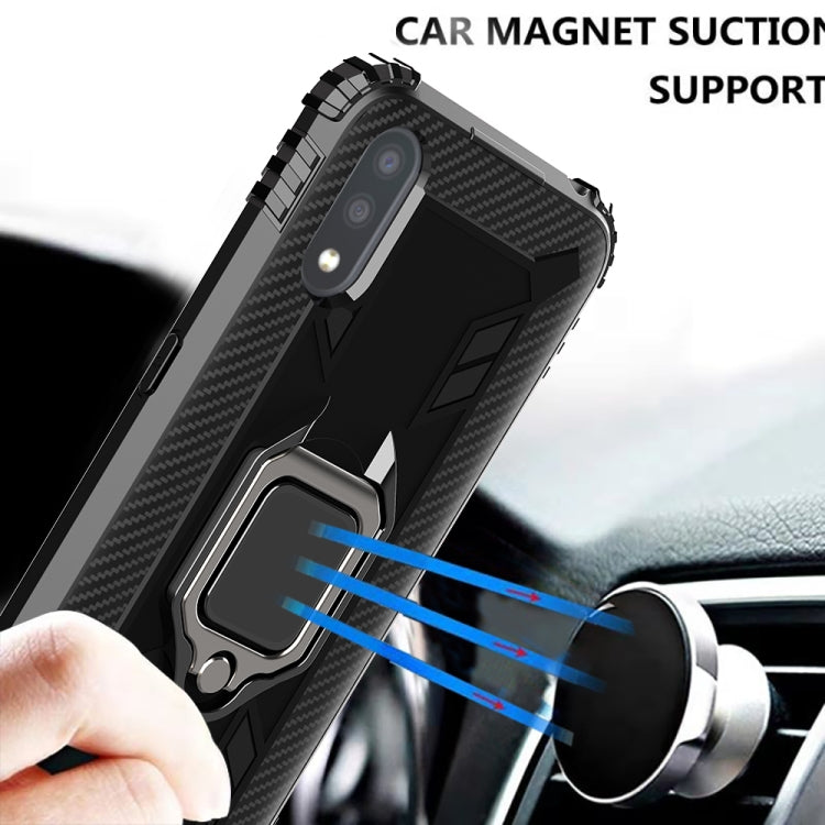 For Samsung Galaxy A01 (US Version) Carbon Fiber Protective Case with 360 Degree Rotating Ring Holder