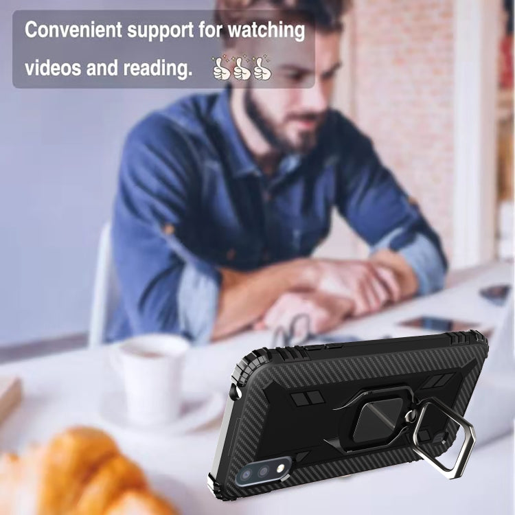 For Samsung Galaxy A01 (US Version) Carbon Fiber Protective Case with 360 Degree Rotating Ring Holder