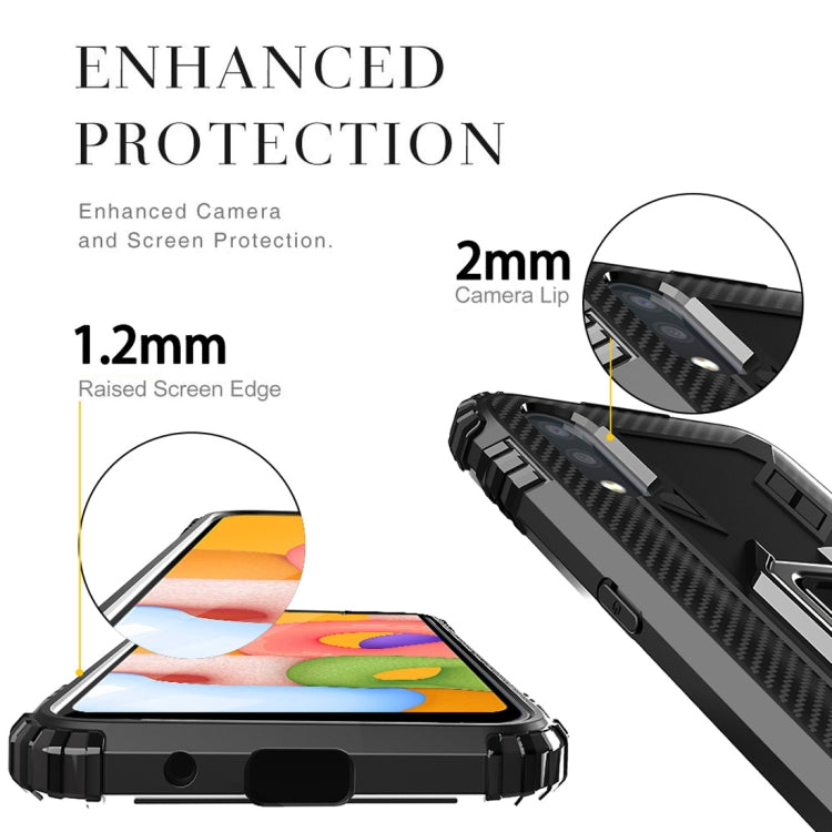 For Samsung Galaxy A01 (US Version) Carbon Fiber Protective Case with 360 Degree Rotating Ring Holder
