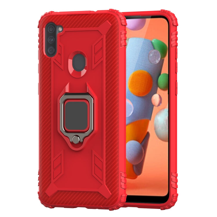 For Samsung Galaxy M11 Carbon Fiber Protective Case with 360 Degree Rotating Ring Holder