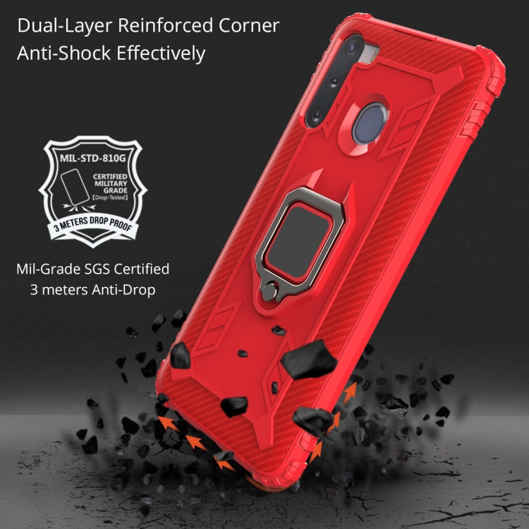 For Samsung Galaxy M11 Carbon Fiber Protective Case with 360 Degree Rotating Ring Holder