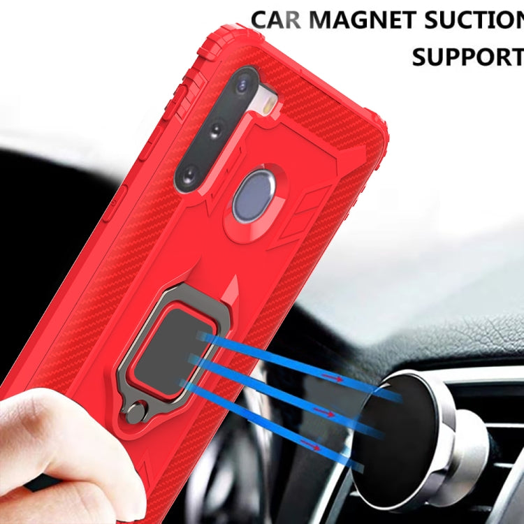 For Samsung Galaxy M11 Carbon Fiber Protective Case with 360 Degree Rotating Ring Holder