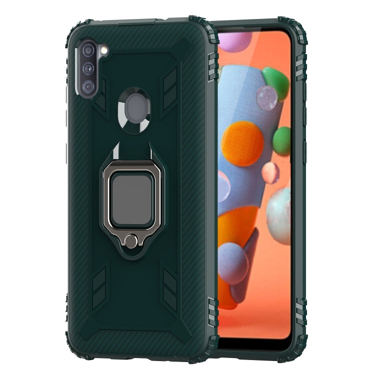 For Samsung Galaxy M11 Carbon Fiber Protective Case with 360 Degree Rotating Ring Holder