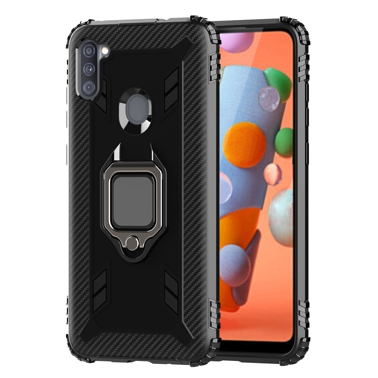 For Samsung Galaxy M11 Carbon Fiber Protective Case with 360 Degree Rotating Ring Holder