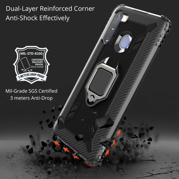 For Samsung Galaxy M11 Carbon Fiber Protective Case with 360 Degree Rotating Ring Holder
