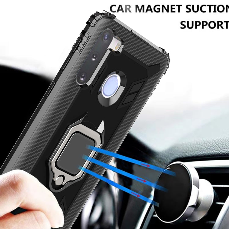 For Samsung Galaxy M11 Carbon Fiber Protective Case with 360 Degree Rotating Ring Holder