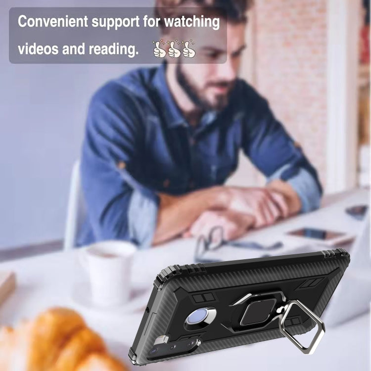For Samsung Galaxy M11 Carbon Fiber Protective Case with 360 Degree Rotating Ring Holder
