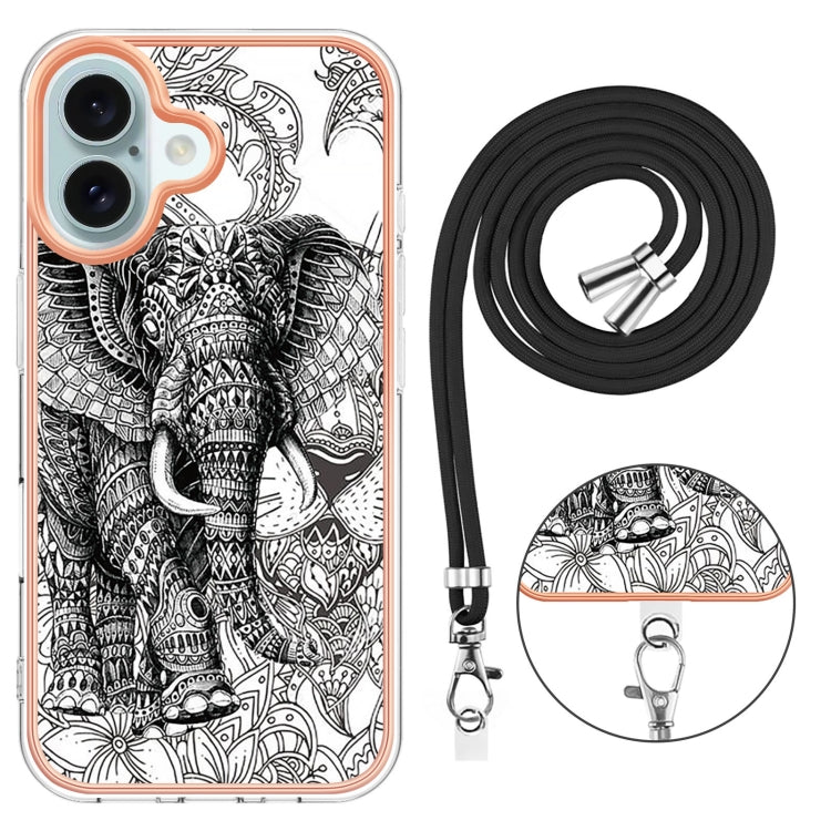 For iPhone 16 Plus Electroplating Dual-side IMD Phone Case with Lanyard