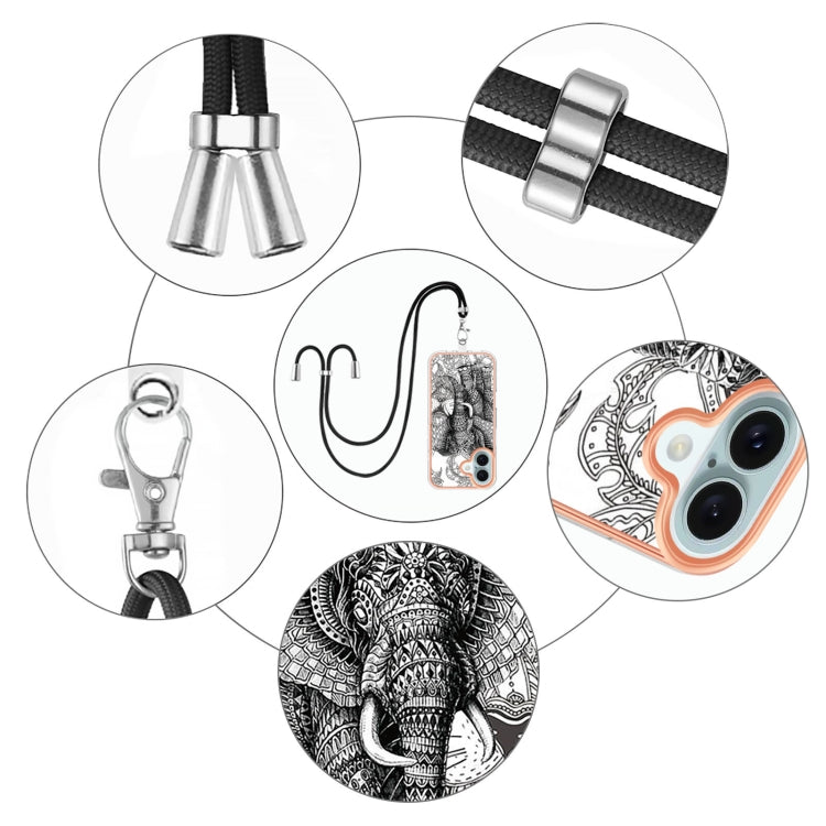For iPhone 16 Plus Electroplating Dual-side IMD Phone Case with Lanyard