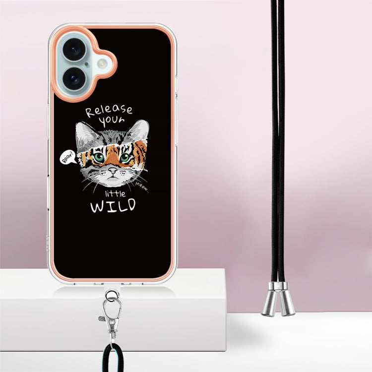 For iPhone 16 Plus Electroplating Dual-side IMD Phone Case with Lanyard