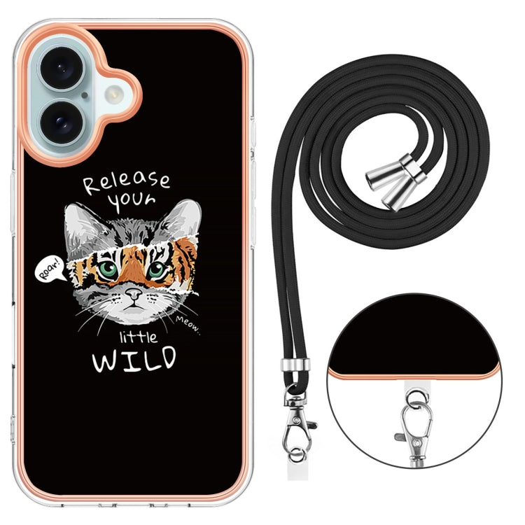 For iPhone 16 Plus Electroplating Dual-side IMD Phone Case with Lanyard