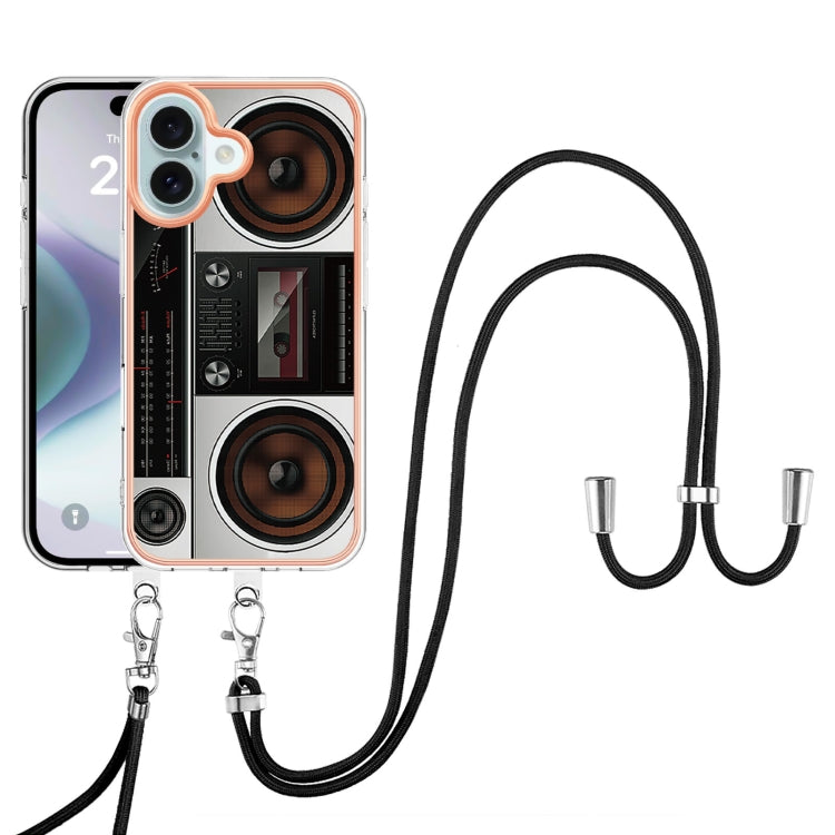 For iPhone 16 Plus Electroplating Dual-side IMD Phone Case with Lanyard
