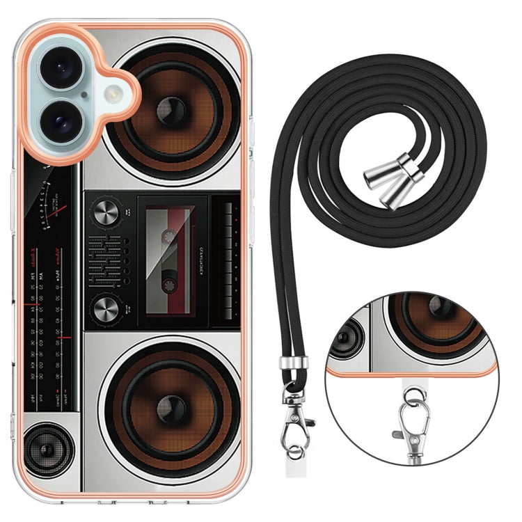 For iPhone 16 Plus Electroplating Dual-side IMD Phone Case with Lanyard