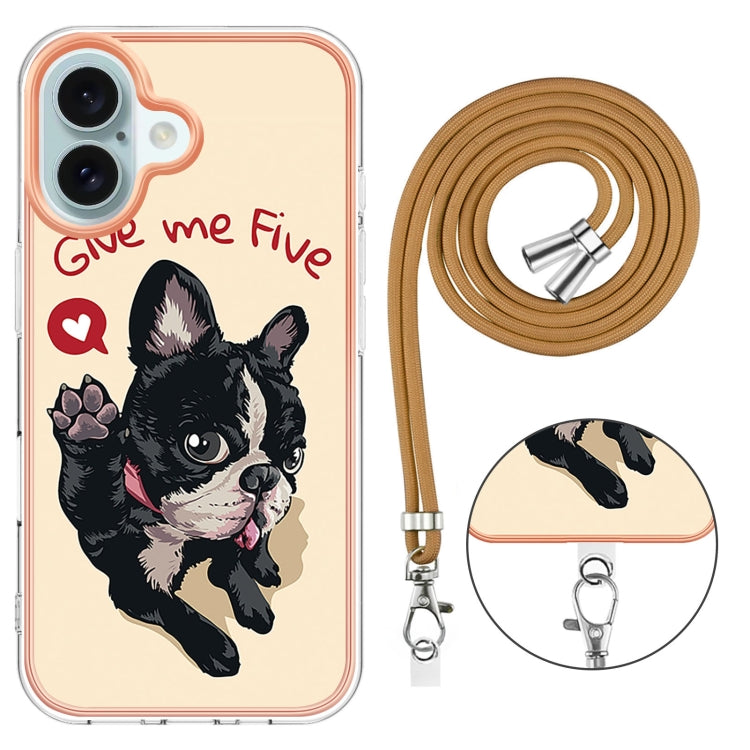 For iPhone 16 Plus Electroplating Dual-side IMD Phone Case with Lanyard