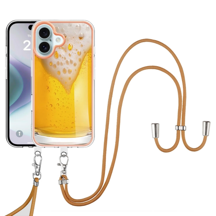 For iPhone 16 Plus Electroplating Dual-side IMD Phone Case with Lanyard