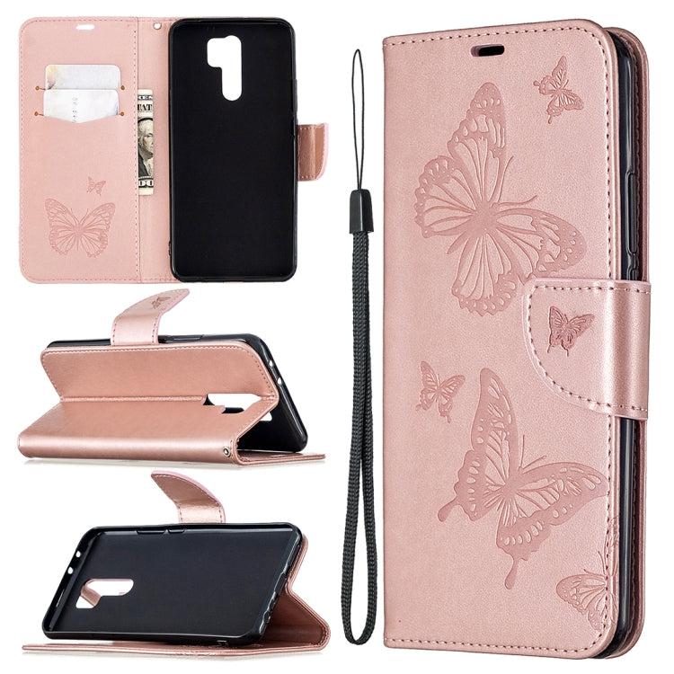 For Xiaomi Redmi 9 Two Butterflies Embossing Pattern Horizontal Flip Leather Case with Holder & Card Slot & Wallet & Lanyard
