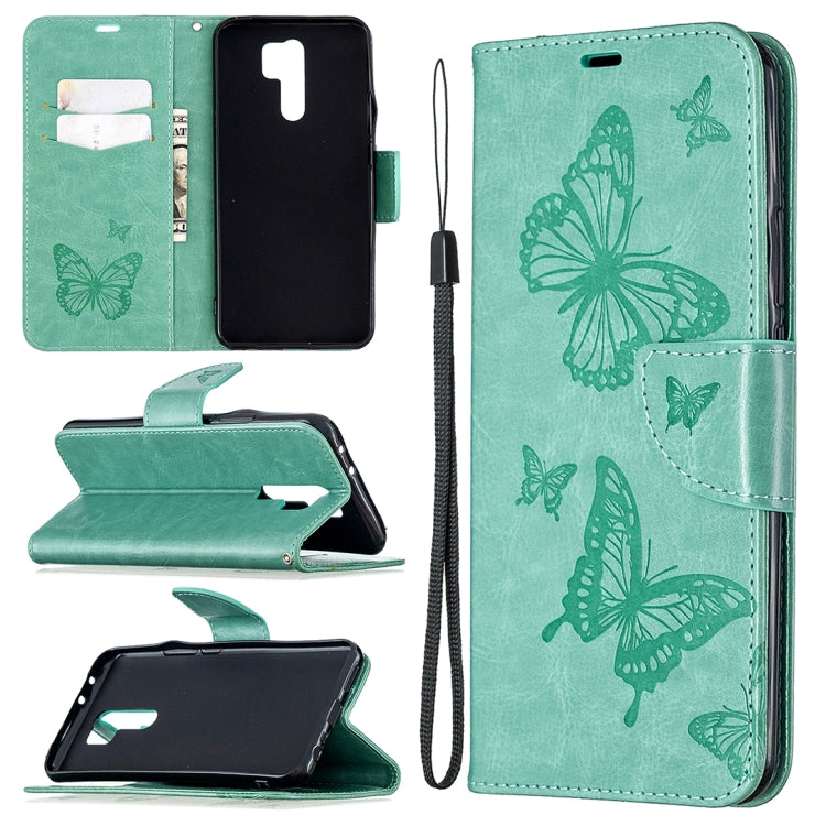 For Xiaomi Redmi 9 Two Butterflies Embossing Pattern Horizontal Flip Leather Case with Holder & Card Slot & Wallet & Lanyard