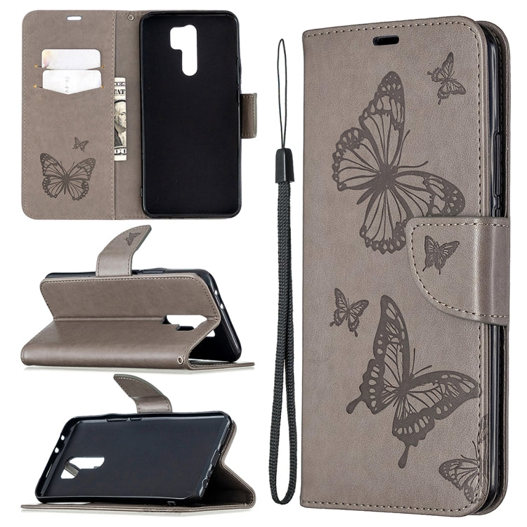 For Xiaomi Redmi 9 Two Butterflies Embossing Pattern Horizontal Flip Leather Case with Holder & Card Slot & Wallet & Lanyard