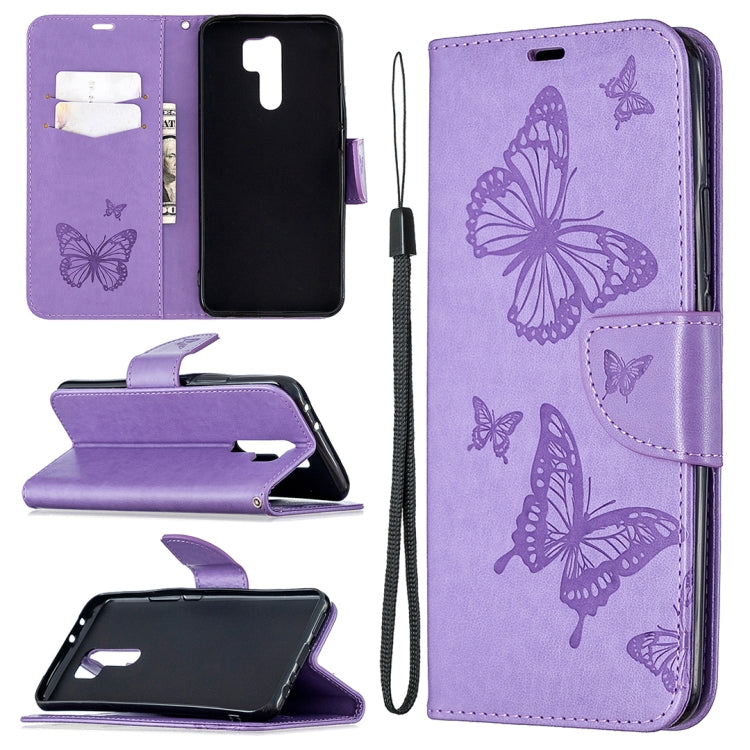 For Xiaomi Redmi 9 Two Butterflies Embossing Pattern Horizontal Flip Leather Case with Holder & Card Slot & Wallet & Lanyard