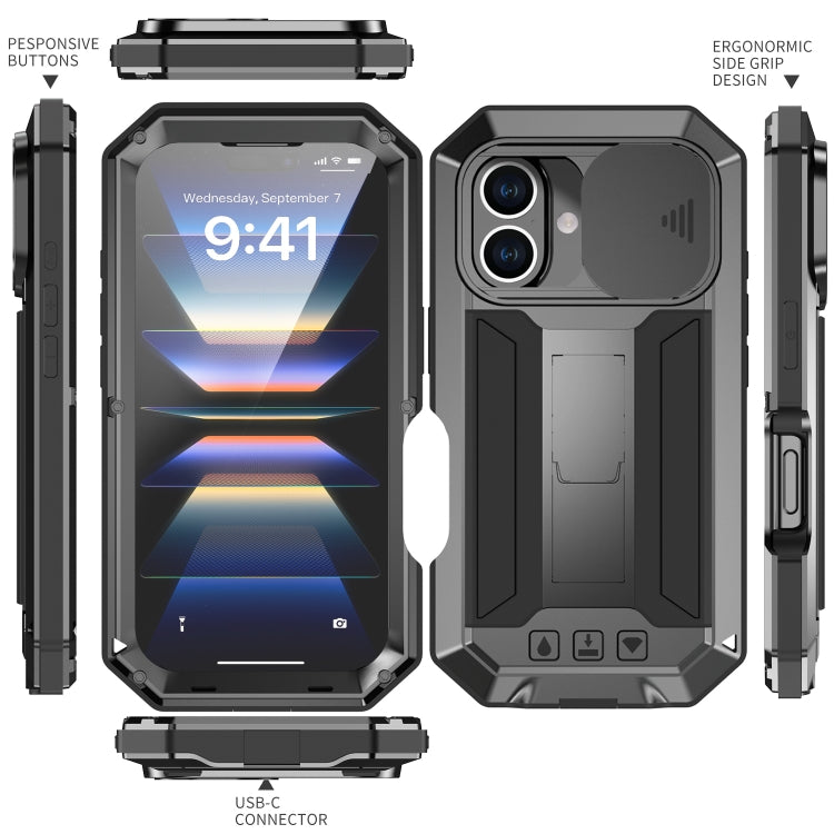 For iPhone 16 Plus R-JUST Sliding Camera IP54 Life Waterproof Holder Phone Case