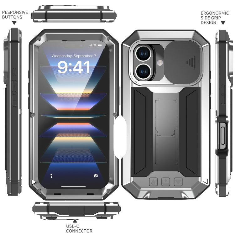 For iPhone 16 Plus R-JUST Sliding Camera IP54 Life Waterproof Holder Phone Case