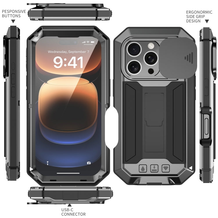 For iPhone 16 Pro R-JUST Sliding Camera IP54 Life Waterproof Holder Phone Case