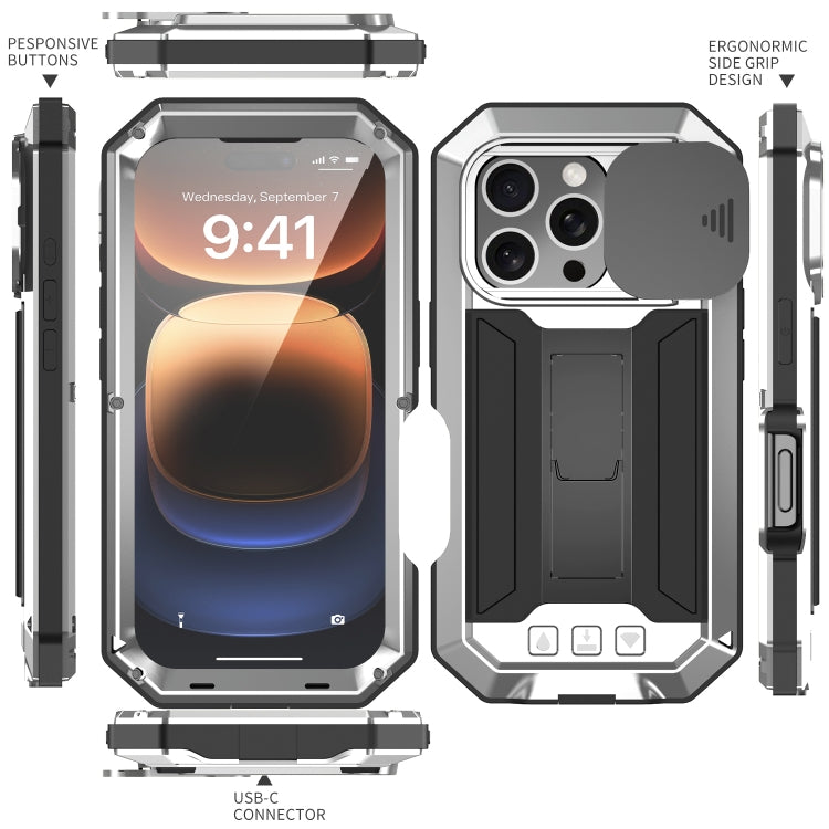 For iPhone 16 Pro R-JUST Sliding Camera IP54 Life Waterproof Holder Phone Case