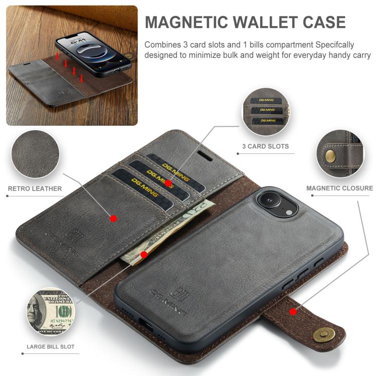 For iPhone 17e / 16e DG.MING Crazy Horse Texture Detachable Magnetic Leather Phone Case