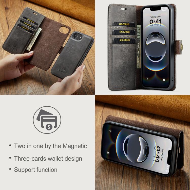 For iPhone 17e / 16e DG.MING Crazy Horse Texture Detachable Magnetic Leather Phone Case