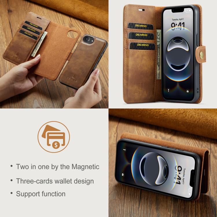 For iPhone 17e / 16e DG.MING Crazy Horse Texture Detachable Magnetic Leather Phone Case