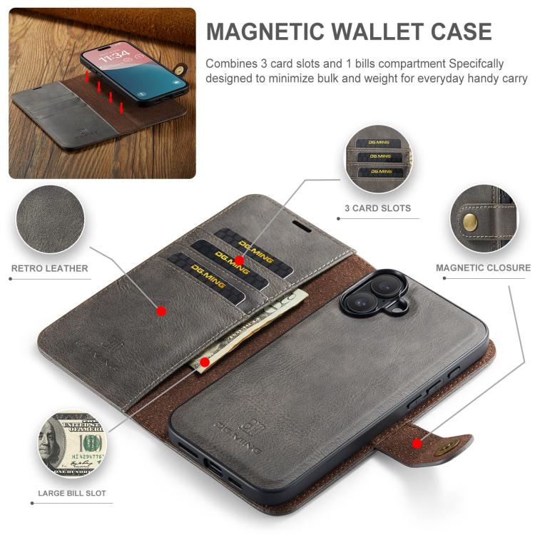 For iPhone 17 DG.MING Crazy Horse Texture Detachable Magnetic Leather Phone Case