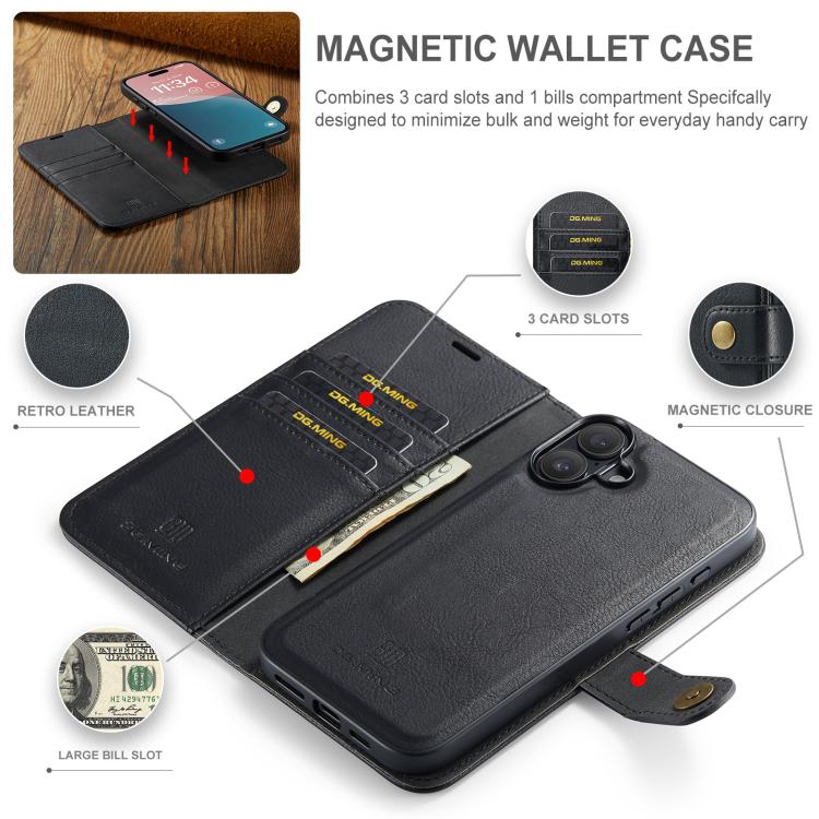 For iPhone 17 DG.MING Crazy Horse Texture Detachable Magnetic Leather Phone Case