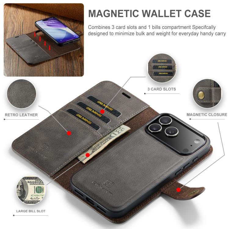 For iPhone 17 Pro DG.MING Crazy Horse Texture Detachable Magnetic Leather Phone Case