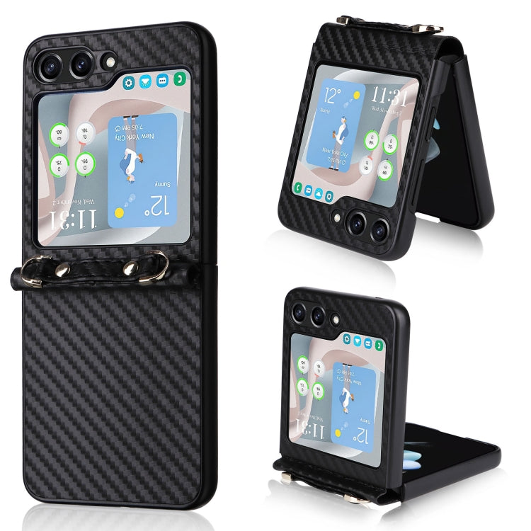 For Samsung Galaxy Z Flip5 Carbon Fiber Texture Phone Case with Lanyard