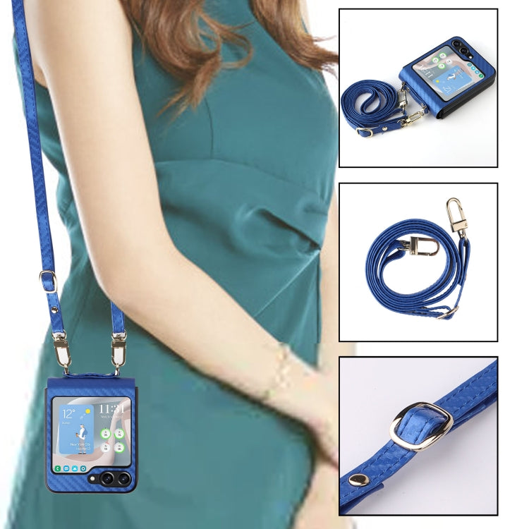 For Samsung Galaxy Z Flip5 Carbon Fiber Texture Phone Case with Lanyard