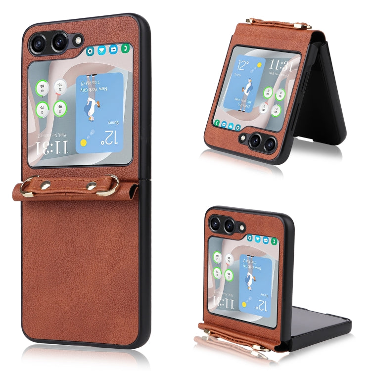 For Samsung Galaxy Z Flip5 5G Lambskin Texture Leather Phone Case with Lanyard
