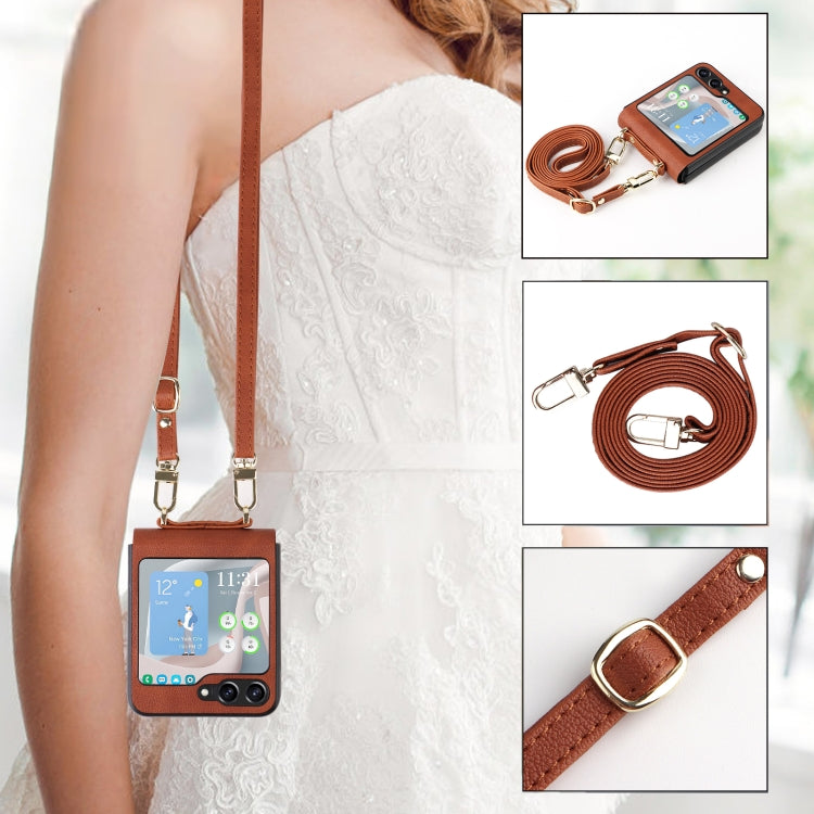 For Samsung Galaxy Z Flip5 5G Lambskin Texture Leather Phone Case with Lanyard
