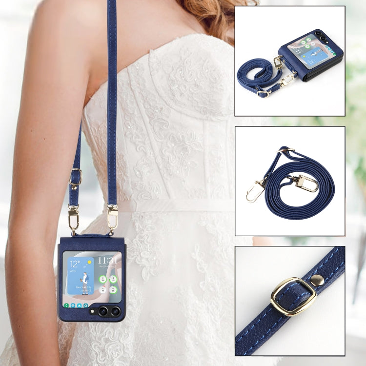 For Samsung Galaxy Z Flip5 5G Lambskin Texture Leather Phone Case with Lanyard