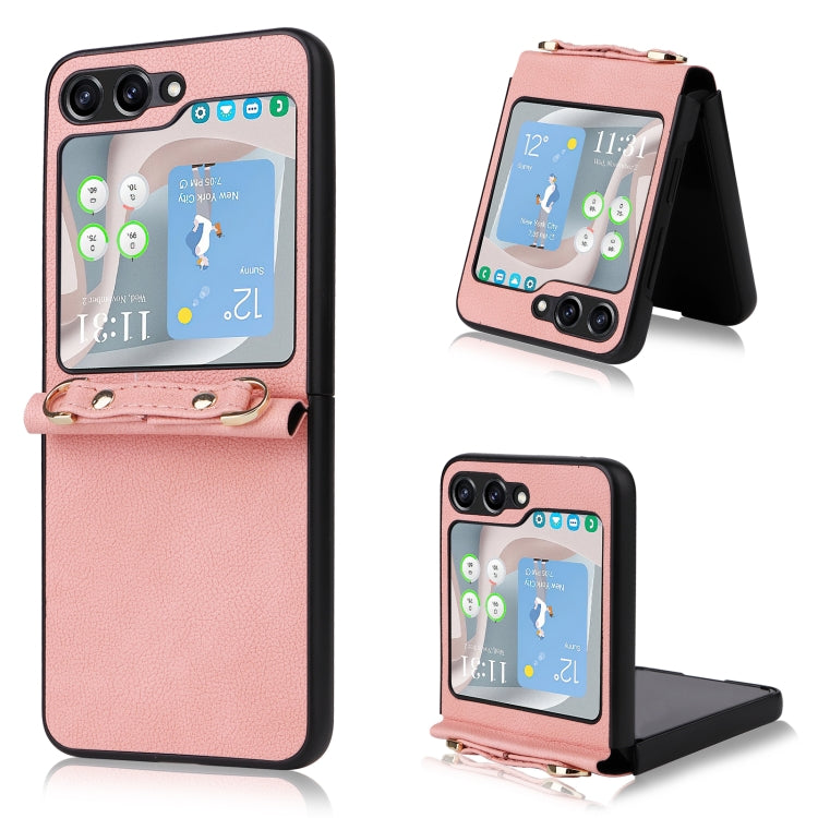 For Samsung Galaxy Z Flip5 5G Lambskin Texture Leather Phone Case with Lanyard