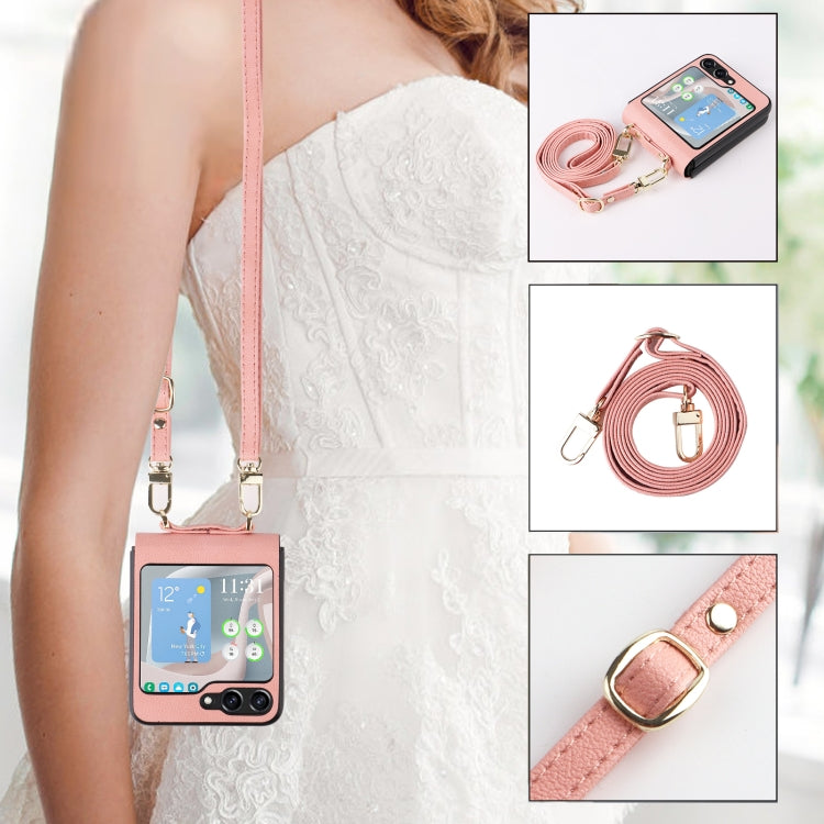 For Samsung Galaxy Z Flip5 5G Lambskin Texture Leather Phone Case with Lanyard