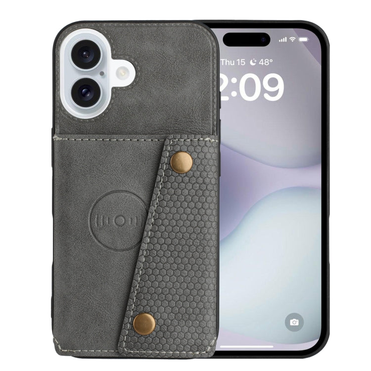 For iPhone 16 Double Buckle Card Slots PU + TPU Phone Case