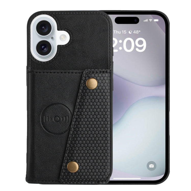 For iPhone 16 Double Buckle Card Slots PU + TPU Phone Case