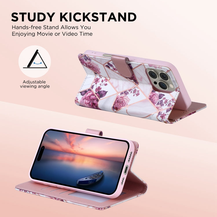 For iPhone 16 Pro Marble Bronzing Stitching Leather Phone Case