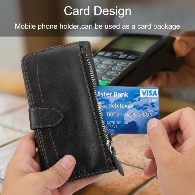 For iPhone 16 Pro Max Oil Skin Zipper Wallet Leather Phone Case