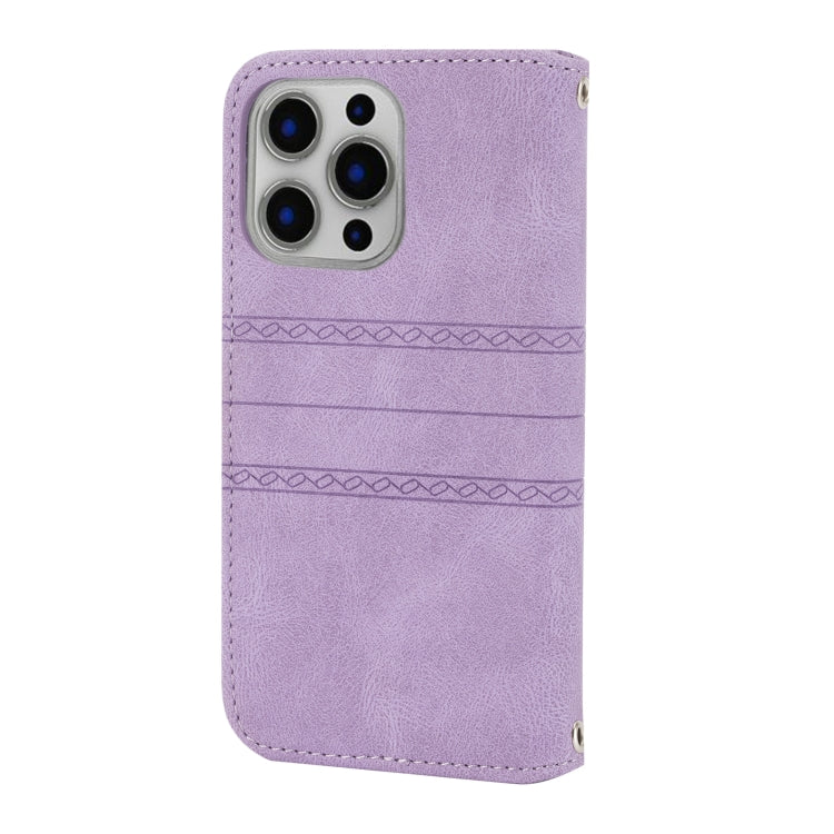 For iPhone 16 Pro Max Embossed Stripes Skin Feel Leather Phone Case