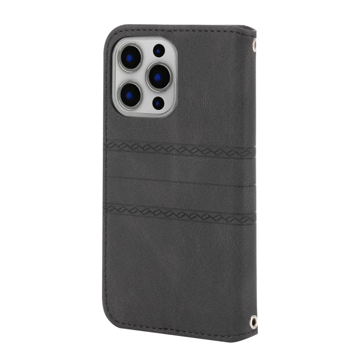 For iPhone 16 Pro Max Embossed Stripes Skin Feel Leather Phone Case