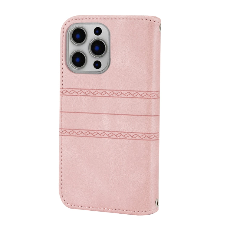 For iPhone 16 Pro Embossed Stripes Skin Feel Leather Phone Case